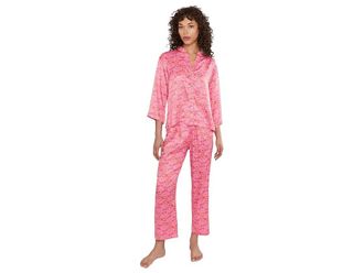 N by Natori Rhythm - Printed Satin Mandarin Button-down Pajama Set Womens Pajama Sets Pink Coral : L (Womens 14-16)
