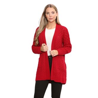 Janisramone Ladies Waffle Knitted Chunky Cardigan, Long Sleeve Women Open Front Cardigan with Pockets, Stylish Warm Long Boyfriend Cardigans for Women UK Red