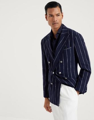 Brunello Cucinelli Mens Navy Wool Linen Silk Double Breasted Blazer, Size 50