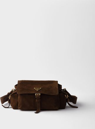 Prada Explore medium suede shoulder bag with flap