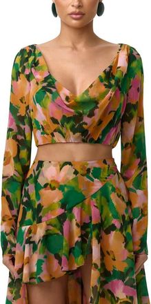 Naked Wardrobe Floral Long Sleeve Chiffon Crop Top in Secret Garden at Nordstrom, Size X-Large
