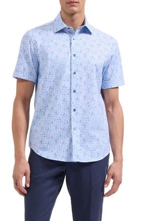 Bugatchi Miles OoohCotton Abstract Print Short Sleeve Button-Up Shirt in Iris at Nordstrom, Size Xxx-Large