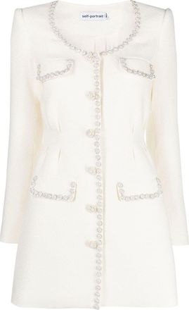 Self Portrait crystal-embellished blazer dress - women - Polyester/Acrylic/Polyester/Wool/Metallic Fibre - 12 - Neutrals