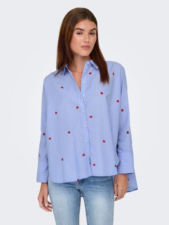 Only Hemdbluse ONLY ONLNEW LINA GRACE LS STRIPE EMB SHIRT, Damen, Gr. S, blau (moonlight blau detail:stripewith rot heart emb), Web, Obermaterial: 85% Poly