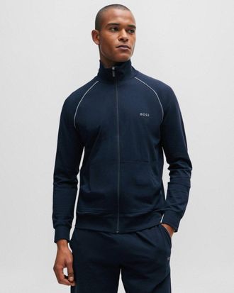 Boss Orange by Hugo Boss Mix & Match Mens Stretch Cotton Zip-Up Jacket with Logo Detail - Dark Blue - Size X-Large