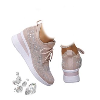 Generic Womens Glittery Rhinestone Fashion Breathable Wedge Sneakers, Sparkly Bling Wedding Dressy Tennis Shoes for Bride, Orthopedic Wedge Sneakers (Pink,3.5