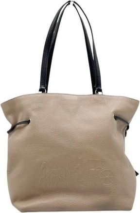 Coach Beige Black Leather Handbag Tote Bag (Pre-Owned)