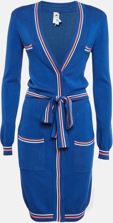 Elisabetta Franchi Blue Rib Knit Belted Long Cardigan