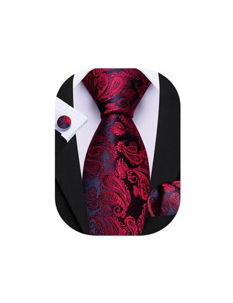 Barry.Wang Paisley Ties Mens 63 Extra Long Wedding Necktie Silk Handkerchief Cufflinks Set Party Red Blue