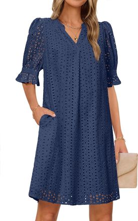 Merokeety Womens Boho Summer Dress V Neck Ruffle Short Sleeve Hollow Out Eyelet Lace Short Beach Dress, Navy, S