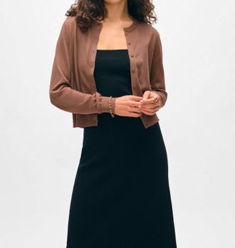 White + Warren Paperfine Crewneck Cardigan In Mocha Brown