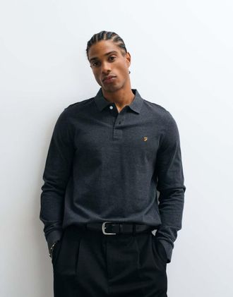 Farah Cunningham polo a maniche lunghe con logo in nero slavato m&eacute;lange