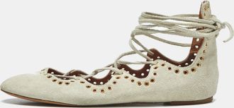 Isabel Marant Light Grey Suede Leo Eyelet Ankle Tie Ballet Flats
