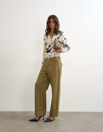 Topshop jeans baggy a vita bassa verde kaki