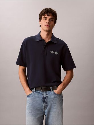 Calvin Klein Jeans Calvin Klein Mens Script Logo Graphic Pique Relaxed Polo Shirt - Blue - L