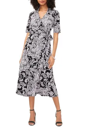 Chaus Print Faux Wrap Midi Dress in Black/white 010 at Nordstrom, Size X-Large