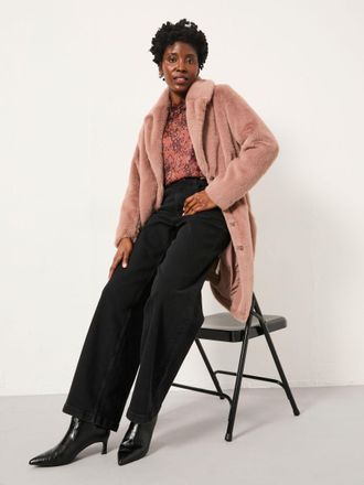 Fat Face FatFace Esme Dusky Pink Long Faux Fur Coat