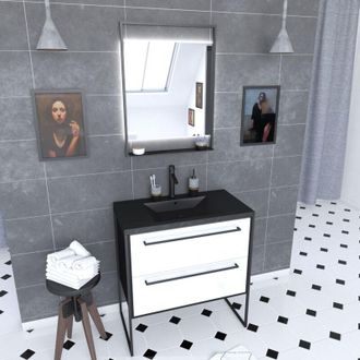 Aurlane Aurlane - Pack Mueble Ba&ntilde;o 80x50- 2 Cajones - Lavabo Negro Efecto Piedra + Espejo Led