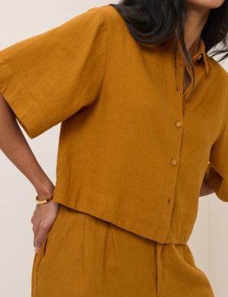 Nobody's Child Orange Yellow Linen-Blend Cropped Shirt