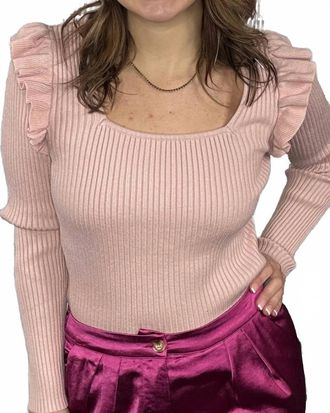 Gilli Square Neck Ruffle Ribbed Top In Baby Pink
