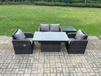 Fimous Outdoor Rattan Garden Furniture Set Height Adjustable Rising lifting Dining Table Love Sofa With Side Table Chair in Dark Grey