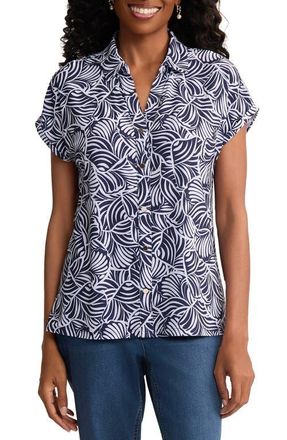 Jones New York Leaf Print Button-Up Shirt in Pacific Navy/Natural White at Nordstrom, Size X-Large