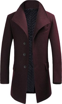 AlltheMen Mens Winter Wool Trench Coat Mid Length Slim Fit Casual Stand Collar Overcoat 1501 Red XXL