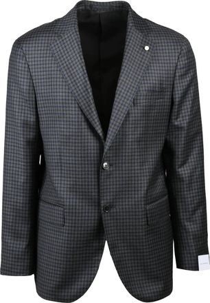Lubiam Rounded Grey and Brown Checkered Wool Jacket