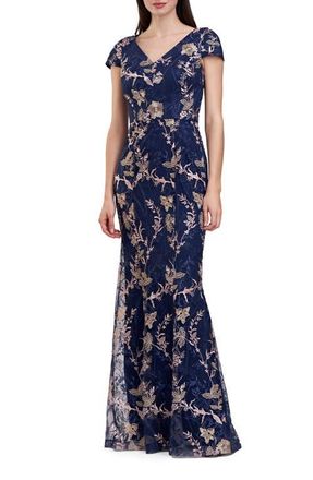 JS Collections Zara Embroidered Metallic Mermaid Gown in Navy/Blush at Nordstrom, Size 10