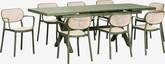 Sklum Set De Mesa Rectangular 180-240x90 Cm Extensible En Aluminio Karena Y 8 Sillas De Jard&iacute;n Apilables Con Reposabrazos Omara Sklum