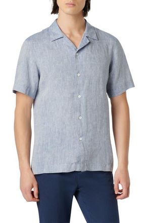 Bugatchi Jackson Shaped Fit Linen Button-Up Camp Shirt in Navy at Nordstrom, Size Small