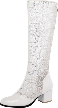 Generic Oversized Round Toe Hollow Design Women Mid Calf Boots with Elevated Thick High Heel for Ultimate Style and Comfort (White, 6.5)