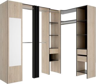 Vente-Unique Armario de esquina con cortina y 1 puerta - Con espejo - 231 cm de ancho - Color: Natural y antracita - BERTRAND