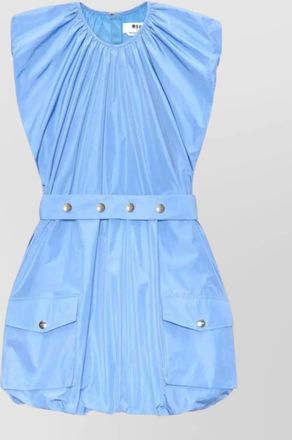 Msgm silk nylon dress pleated belted cap sleeves