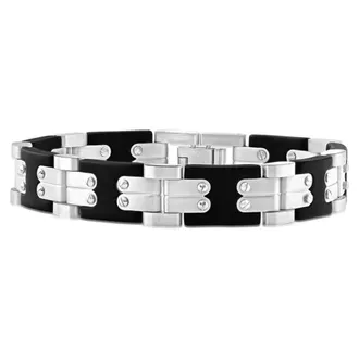 Pompeii3 Mens Polished Steel Brushed Black Two Tone Flexible 12mm Link 8 Bracelet