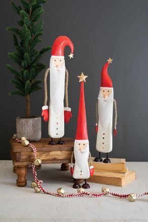 Kalalou Set Of Three Painted Metal And Wood Santas With Rope Arms