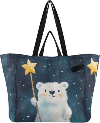 Generic Bear Star Blue pattern Reusable Canvas Tote Bag, Heavy Duty Grocery Shopping Bag with Large Capacity Double Handles Hard Bottom Work Groceries Travel