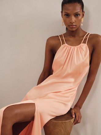 Reiss Peach Satin Halterneck Maxi Dress, 16
