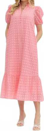 Entro Eyelet Puff Sleeve Midi Dress In Pink