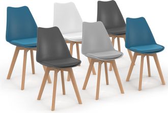 IDMarket Set Di 6 Sedie Sara Mix Cromatico: Bianca, Grigio Chiaro, 2 Blu Anatra, 2 Grigio Scuro