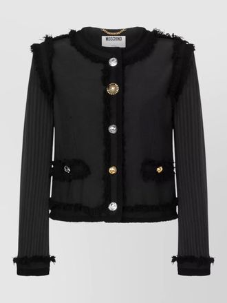Moschino stretch boucle jacket buttons fringe pockets