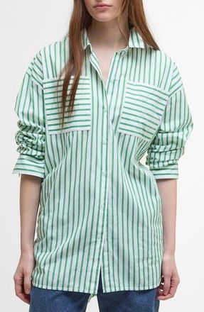 Barbour Nicola Stripe Cotton Button-Up Tunic in White/Kelly Green at Nordstrom Rack, Size 10 Us / 14 Uk