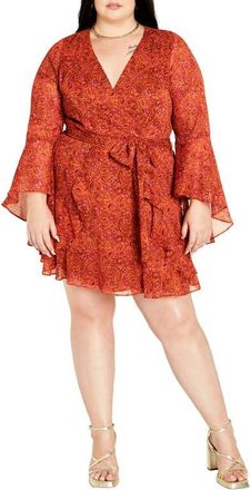 City Chic Lexi Long Sleeve Faux Wrap Minidress in Paisley at Nordstrom, Size Xs