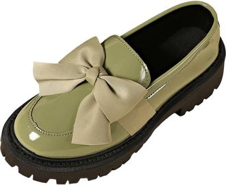 Generic Army Green Female British Inspired Loafers with Bow Accents and Patent Leather for Fall Winter Flat and Lightweight for Large Size