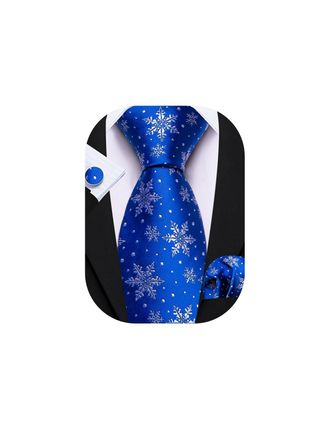 Barry.Wang Blue Mens Christmas Tie Set Silk Xmas Snowflakes Necktie Handkerchief Cufflinks Party