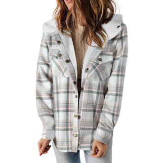 Generic Womens Fleece Jackets Long Sleeve Button Down Coat Thicken Plaid Print Hooded Jacket Shacket Plush Checked Hoodies Sherpa Lined Winter Coats Warm Zip 