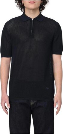 Emporio Armani Tops, Heren, Blauw, S, Open Knit Polo Shirt met Korte Mouwen