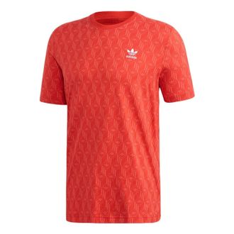 adidas Mens adidas originals Plaid Logo Full Print Round Neck Short Sleeve Orange T-Shirt FM3426