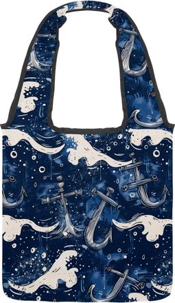 Generic Sea Pattern Anchors Waves Splashes Reversible Canvas Shoulder Tote - Double-Sided Print, 12oz Cotton, 27cm Drop, Fold-Flat Bag for Travel, Shopping, S