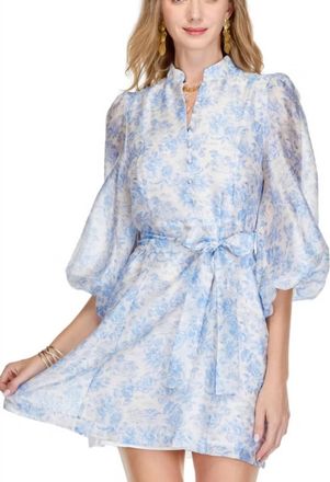 Jade Yoga Blue Floral Stand Collar A-Line Dress